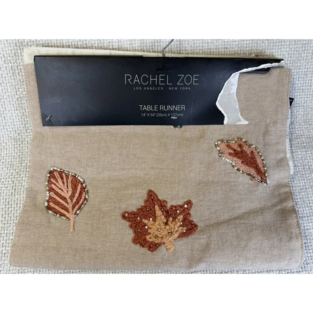 Rachel Zoe Embroidered Beaded Autumn Leaves Table Runner 14x54 Fall Thanksgiving